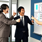 Icebreaker Game - "Common Ground Search"**

Prompt: A diverse team of Japanese business people cheerfully participating in an icebreaker game. They are actively discussing and laughing while pointing at a whiteboard covered in notes and common interests. Emphasize teamwork, collaboration, and a lighthearted atmosphere. The setting is a modern, bright office space in Tokyo. Style: Anime.

**