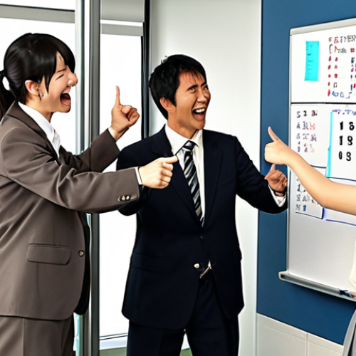 Icebreaker Game - "Common Ground Search"**

Prompt: A diverse team of Japanese business people cheerfully participating in an icebreaker game. They are actively discussing and laughing while pointing at a whiteboard covered in notes and common interests. Emphasize teamwork, collaboration, and a lighthearted atmosphere. The setting is a modern, bright office space in Tokyo. Style: Anime.

**