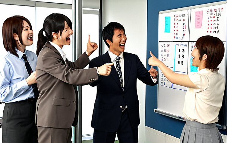 Icebreaker Game - "Common Ground Search"**

Prompt: A diverse team of Japanese business people cheerfully participating in an icebreaker game. They are actively discussing and laughing while pointing at a whiteboard covered in notes and common interests. Emphasize teamwork, collaboration, and a lighthearted atmosphere. The setting is a modern, bright office space in Tokyo. Style: Anime.

**