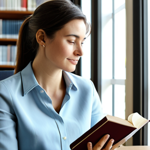 A serene professional woman in a modest business casual outfit, sitting comfortably in a modern, sunlit library, holding a classic physical book. She has a calm, reflective expression, embodying digital detox and inner peace. The background shows soft natural light filtering through large windows, creating a tranquil atmosphere. fully clothed, appropriate attire, safe for work, perfect anatomy, natural proportions, well-formed hands, proper finger count, natural body proportions, professional, family-friendly, high quality.