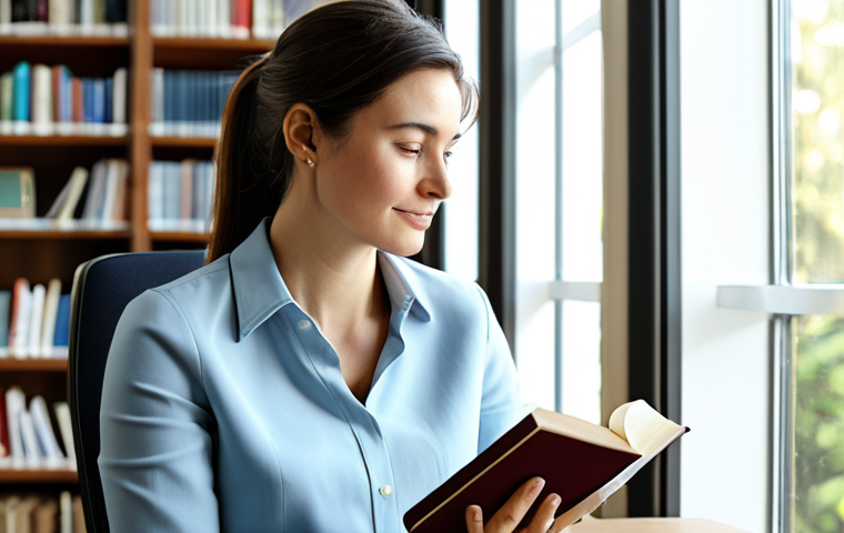 A serene professional woman in a modest business casual outfit, sitting comfortably in a modern, sunlit library, holding a classic physical book. She has a calm, reflective expression, embodying digital detox and inner peace. The background shows soft natural light filtering through large windows, creating a tranquil atmosphere. fully clothed, appropriate attire, safe for work, perfect anatomy, natural proportions, well-formed hands, proper finger count, natural body proportions, professional, family-friendly, high quality.