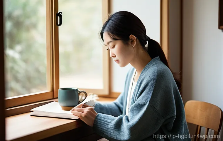 부정적 사고에서 벗어나는 방법 - **Prompt:** A young Japanese woman, in her late 20s to early 30s, is seated comfortably in a sun-dre...