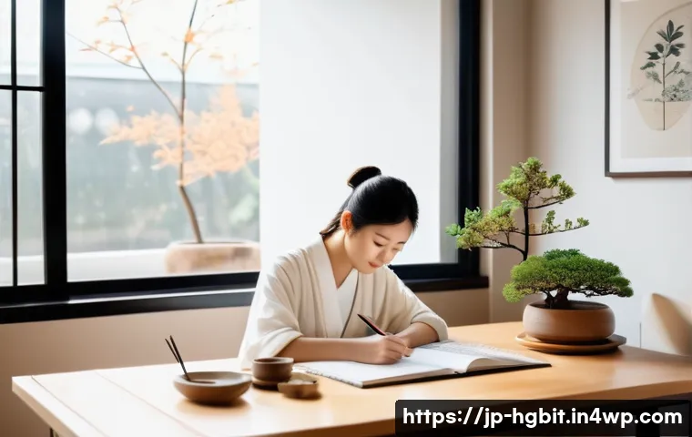 회복탄력성을 위한 정기적인 자기 점검 - A calm and cozy Japanese-style room in soft morning light, a young Japanese woman sitting at a woode...