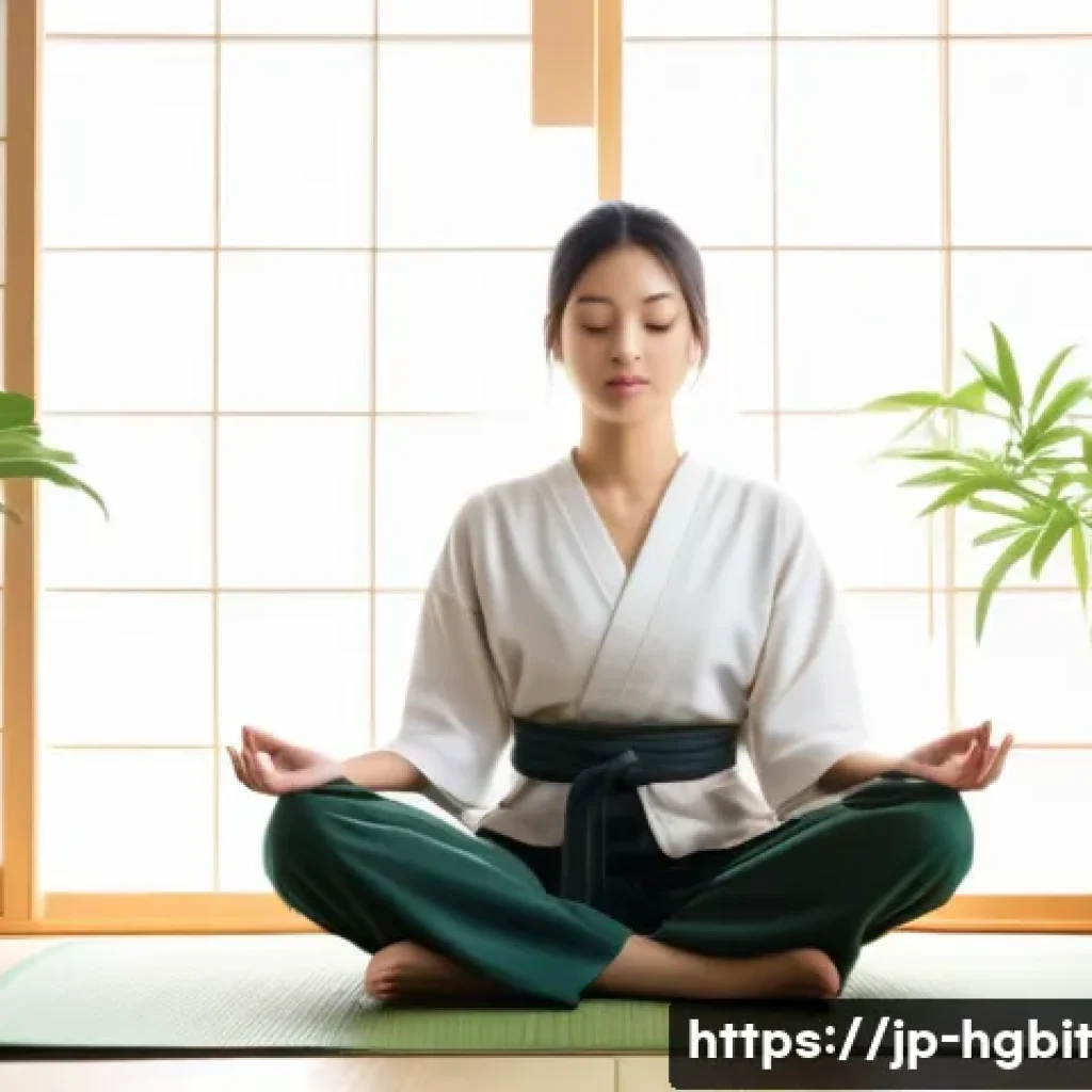 회복탄력성과 자기 효능감의 관계 - A serene scene of a young Japanese woman practicing mindfulness meditation in a modern, minimalistic...