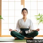 회복탄력성과 자기 효능감의 관계 - A serene scene of a young Japanese woman practicing mindfulness meditation in a modern, minimalistic...