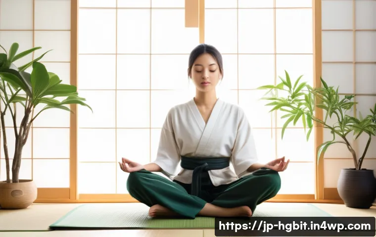 회복탄력성과 자기 효능감의 관계 - A serene scene of a young Japanese woman practicing mindfulness meditation in a modern, minimalistic...