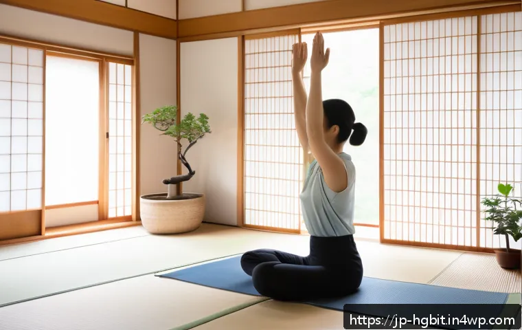 회복탄력성을 높이는 생활 관리 기법 - A serene morning scene in a modern Japanese apartment featuring a young adult practicing gentle stre...