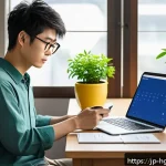 회복탄력성을 위한 시간 관리 전략 - A modern Japanese home office scene during daytime, featuring a tidy desk bathed in natural sunlight...