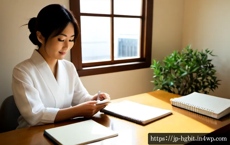 회복탄력성을 높이는 성격 특성 - Photorealistic Japanese woman in her late 30s calmly reviewing a small setback at a tidy home office...