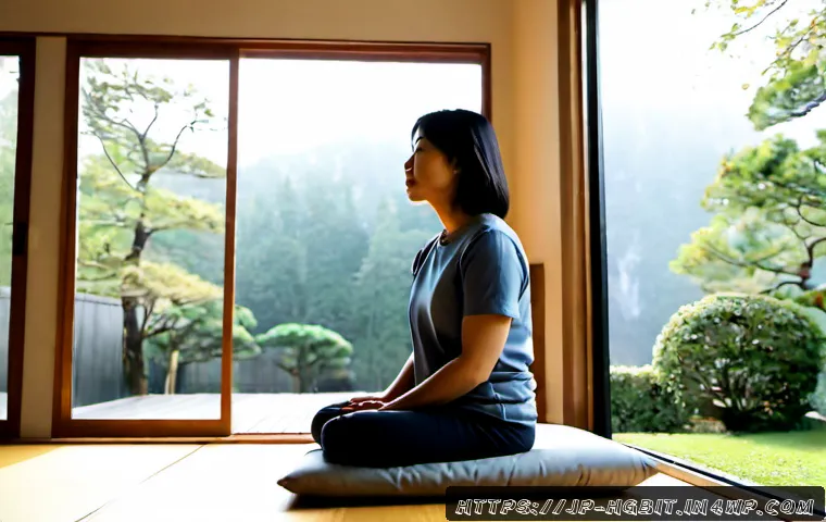 회복탄력성 강화를 위한 명상 기법 - Photorealistic Japanese woman in her late 40s practicing mindful breathing meditation beside a large...