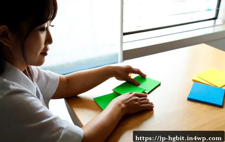 회복탄력성을 높이는 문제 해결 기술 - Photorealistic Japanese office worker in their late 40s calmly organizing colorful blank sticky note...