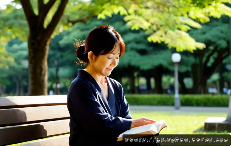 회복탄력성을 위한 여가 시간 활용법 - Photorealistic Japanese middle-aged woman enjoying a restorative afternoon in a quiet sunlit park, s...